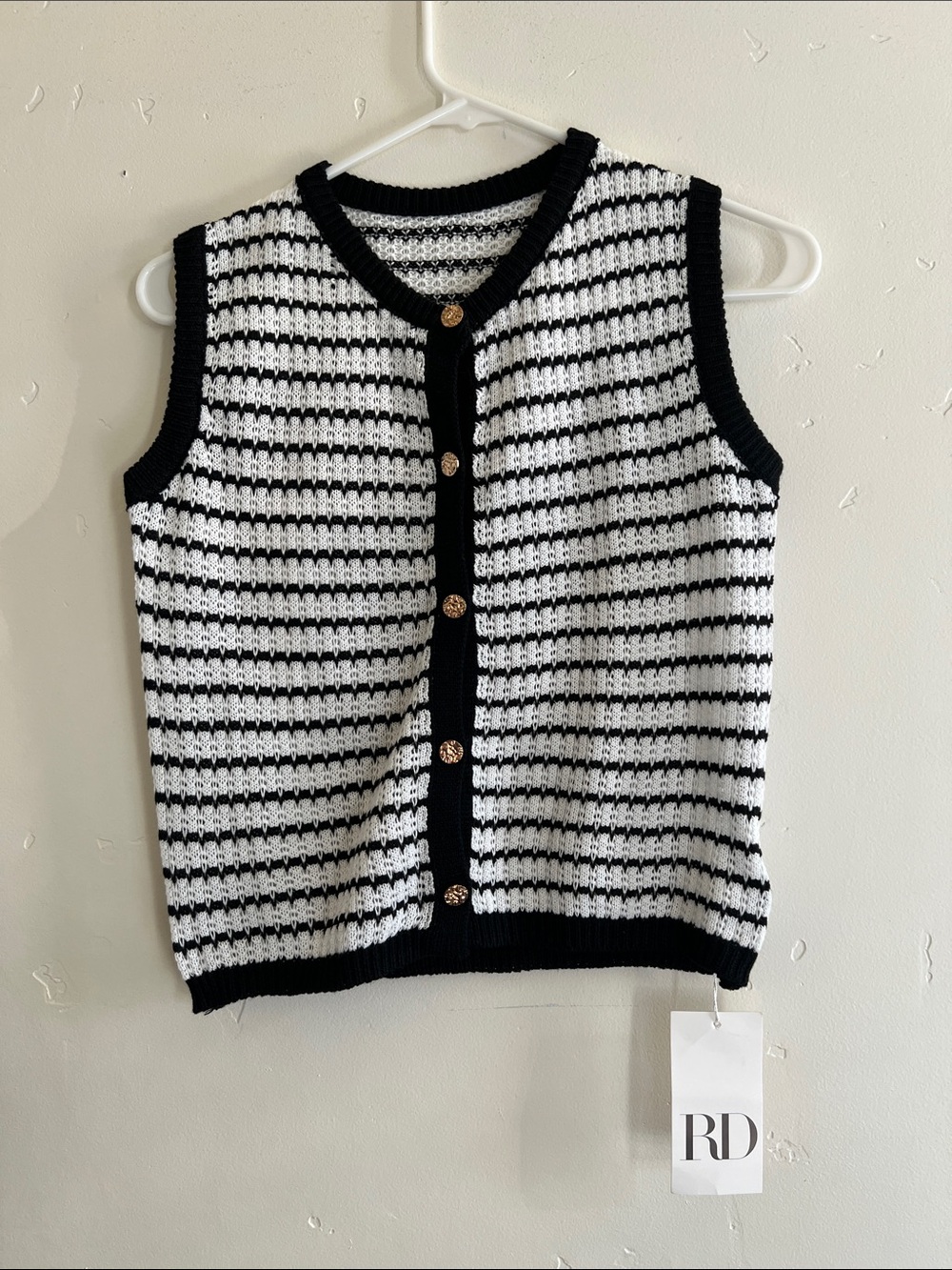 RD Style Black and White Striped Knit Sleeveless Cardigan